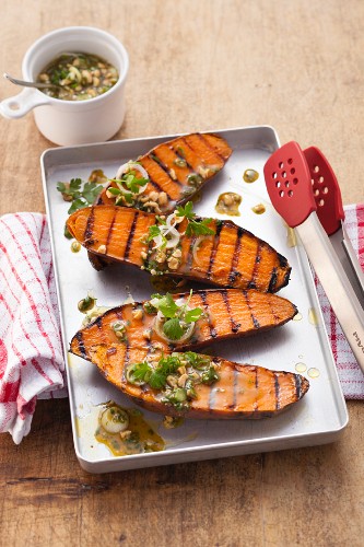 Grilled sweet potatoes with honey and mustard vinaigrette