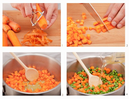 Preparing carrots and peas