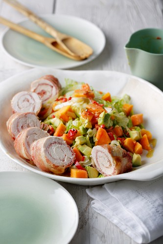 Stuffed chicken roulade and avocado and papaya salad