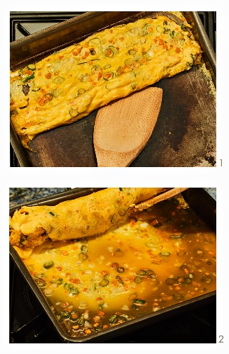 Gyeran Mari - a Korean omelette roll being made