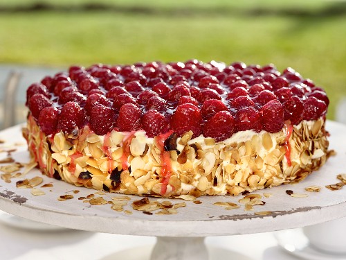 Sponge cake with raspberries, vanilla cream and roasted almond flakes