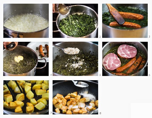 How to make kale with cured pork, sausage and fried potatoes