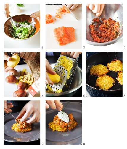 Lachstartar auf Kartoffelpuffer mit Kräuterquark zubereiten
