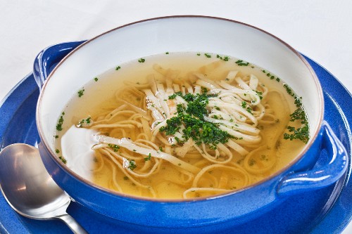 Prime boiled beef broth with pancake strips