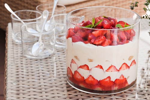 Strawberry tiramisu in a trifle glass