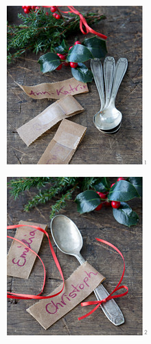 Decorating silver spoons with name tags, red ribbons and juniper sprigs