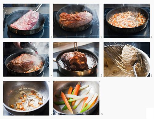 Roast beef with mushrooms and vegetables being made