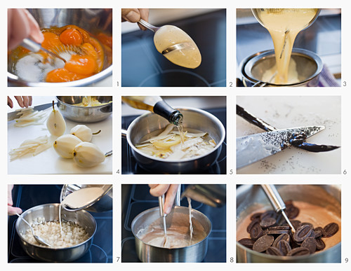 Creme pudding with pears being made