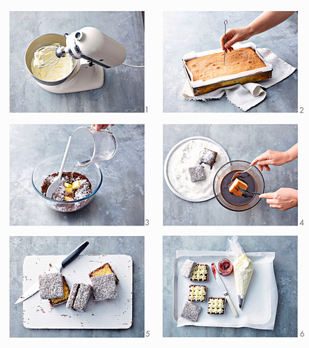 Zubereitung von Lamingtons (Kuchenwürfel, Australien) mit Marmelade und Vanillecreme