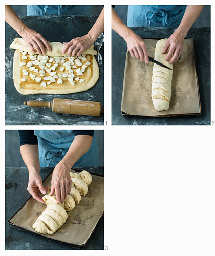 An apple bread plait being made