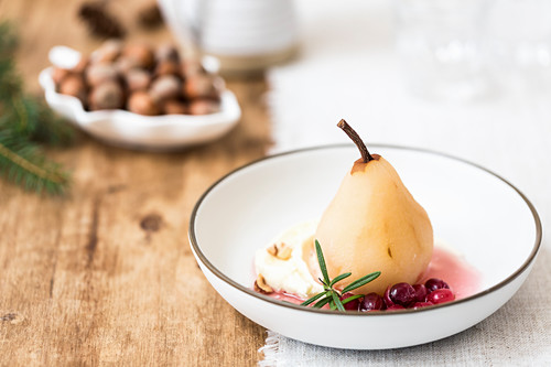 Cranberry Poached Pears with mascapone cheese dessert