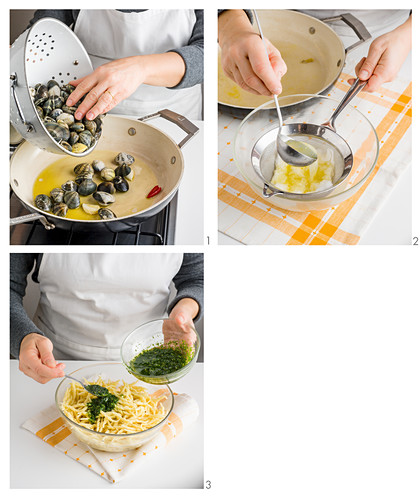 Trofi (italienische Pasta) mit Basilikumpesto und Venusmuscheln zubereiten