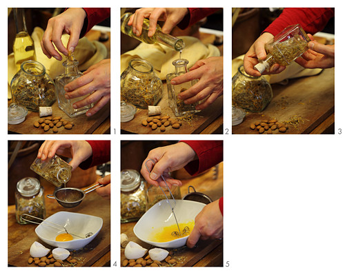 A hair mask for treating dandruff made from almond oil, arnica flowers and egg yolk being made