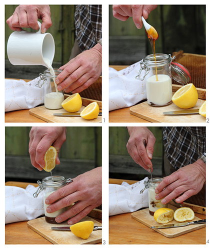 Zubereitung einer Emulsion gegen unreine Haut aus Honig, Milch und Zitrone