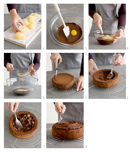 Eine Schokoladen-Zimt-Torte mit Birnen zubereiten