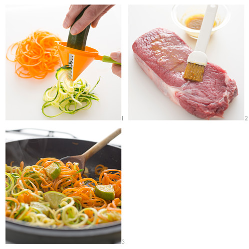 Limetten-Curry-Steak mit Zucchini-Möhren-Gemüse zubereiten