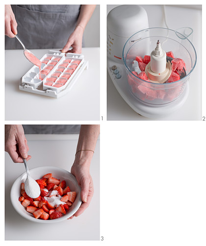Ein Erdbeersorbet mit Balsamico-Erdbeeren zubereiten