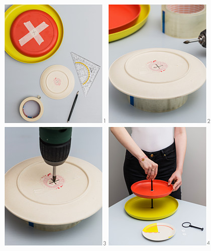 A cakestand being made from colourful plates