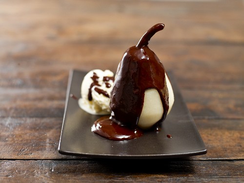 Pear Belle Hélène with vanilla ice cream & chocolate sauce