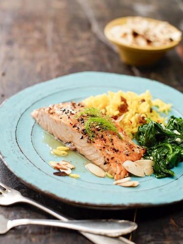 Glazed salmon with saffron rice and spinach