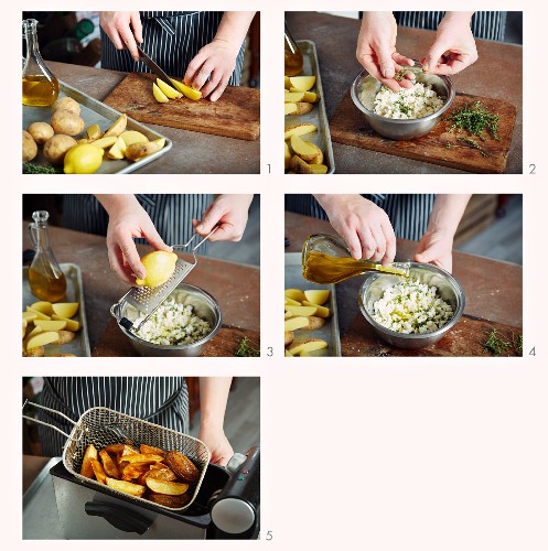 Fried potato wedges with feta cheese and thyme being made