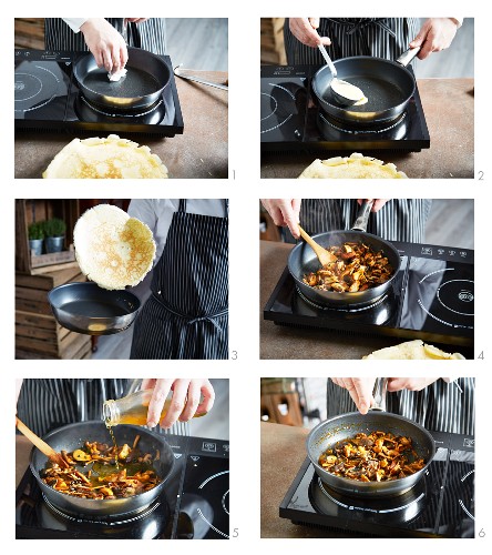 Crêpe with wild mushrooms being made