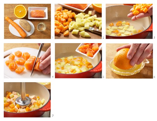 Mashed carrots with salmon and orange being made