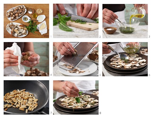 Pilz-Carpaccio mit Pinienkernen und Parmesan zubereiten
