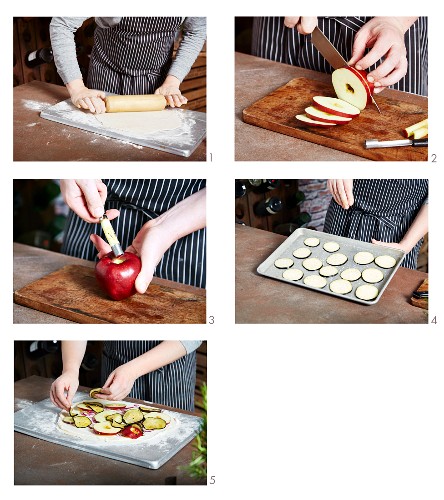 Tarte flambée with sliced apple and courgette being made