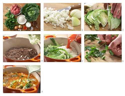 Savoy cabbage and barley stew with minced meat and coffee cream being made