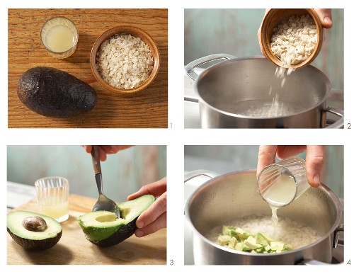Rice flake porridge with avocado being made