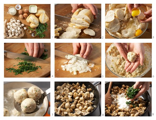 Mini bread dumplings with a mushroom ragout being made