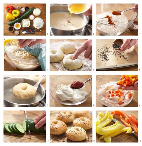 Sesame seed bagels with a pepper spread being made