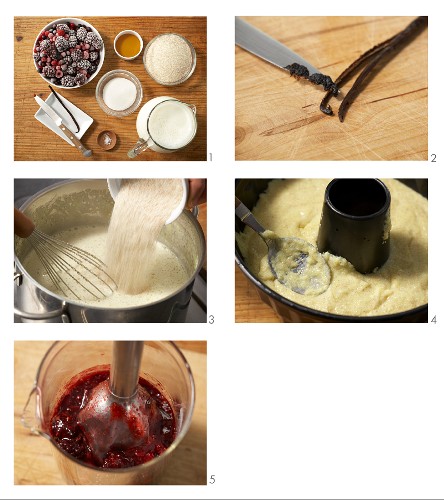 Semolina pudding with berry sauce being made