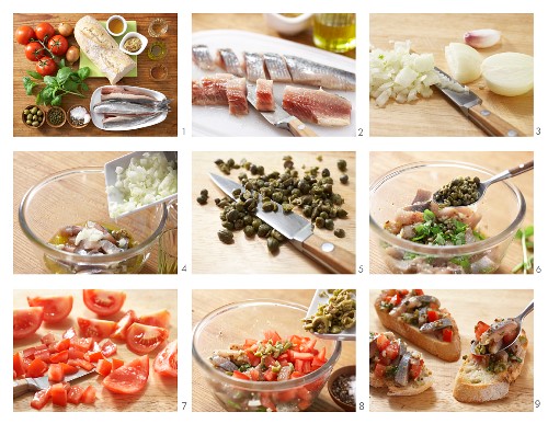 Soused herring and tomato salad on a fresh baguette being made