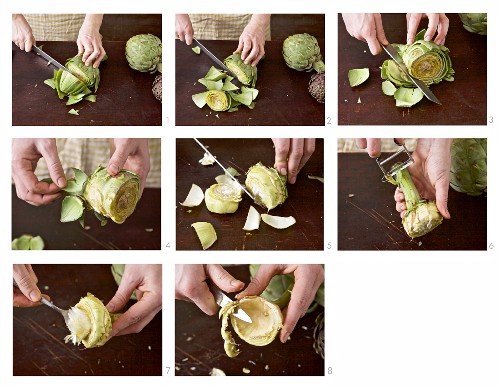 An artichoke being prepared