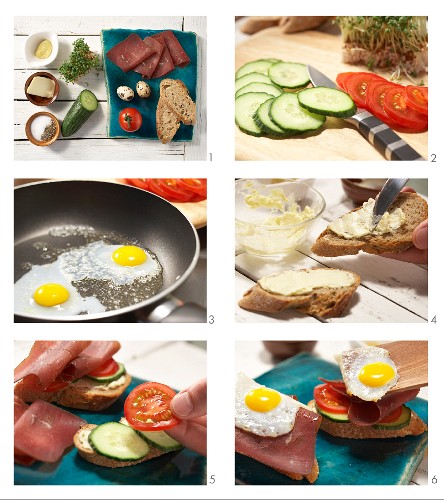 How to prepare Strammer Max: bread topped with a fried egg, Grisons air-dried beef and cress