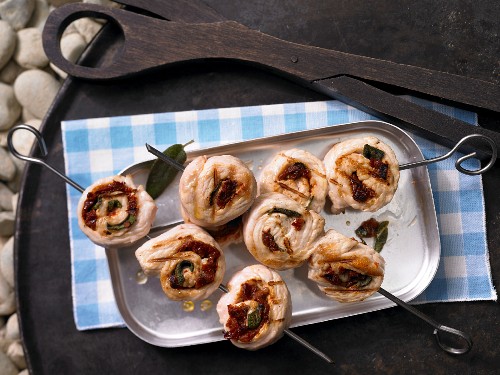 Turkey roulade kebabs with sage and dried tomatoes