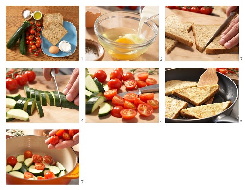 How to prepare fan-fried slices of toast with courgette and cherry tomatoes