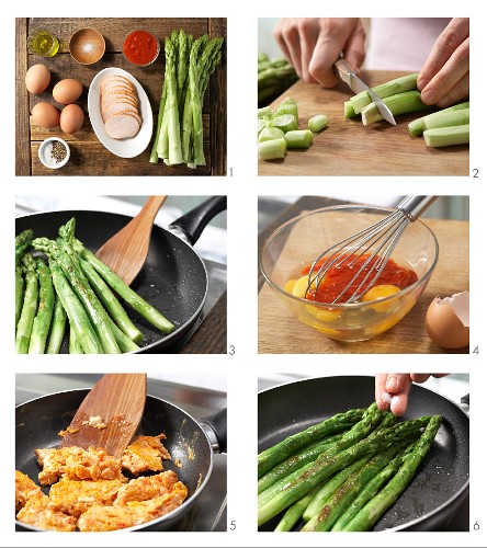 How to prepare green asparagus with chicken breast and scrambled egg