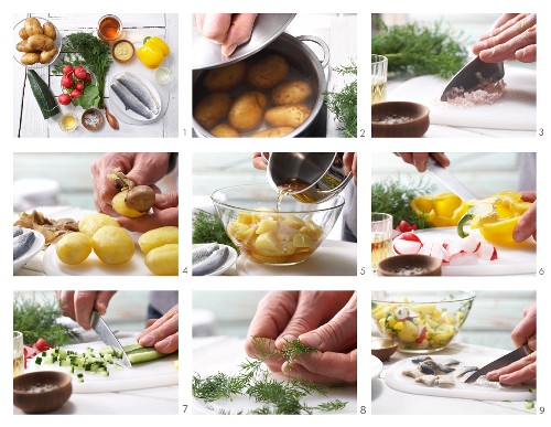 Kartoffel-Heringssalat mit Paprika, Radieschen und Dill-Senfdressing zubereiten
