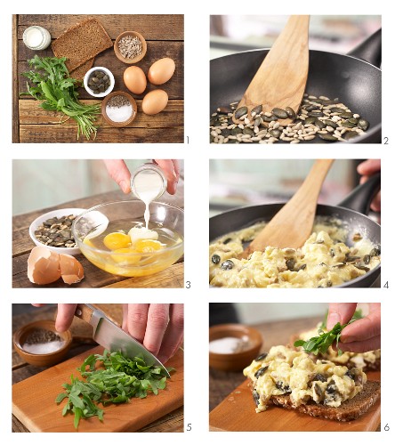 How to prepare scrambled egg with crunchy seeds on wholemeal bread with rocket