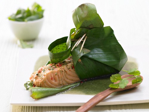 Salmon in a banana leaf with coconut chilli paste