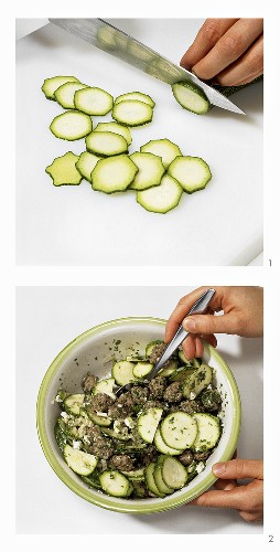 Making courgette and meatball salad with sheep's cheese