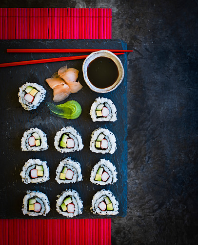 California rolls with surimi, avocado and cucumber (Japan)