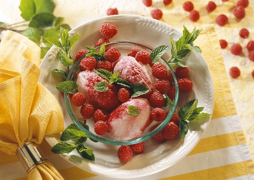 Grappa & raspberry sorbet in bowl with raspberries and mint