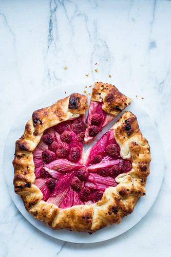 French galette with rhubarb and raspberries
