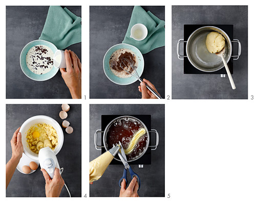 Churros with chocolate sauce being made