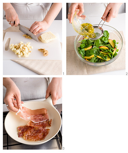 Einen Babyspinatsalat mit Pfirsichen, Ziegenrolle, knusprigem Schinken und Nüssen zubereiten