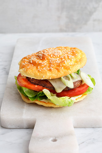 A veggie cheese burger made with cloud bread (low carb)